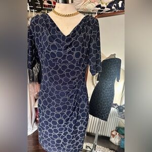 Lauren by Ralph Lauren Navy Blue Circular Print Cowl Neck Midi Dress